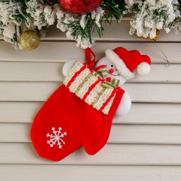 Мягкая подвеска Варежка - Снеговик, блестящие полосочки 20х10 см, красный