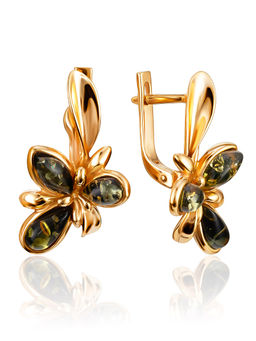 Эффектные серьги из серебра с позолотой и натурального янтаря Кипарис, 710110038