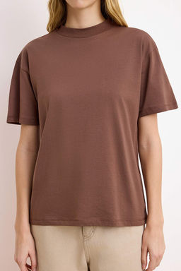 Kahverengi-Haki 2li Paket %100 Pamuk Basic Dik Yaka Orme T-Shirt TWOSS20TS1500