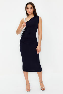 Lacivert Tek Omuzlu Drapeli Fitted/Vucuda Oturan Maxi Esnek Orme Midi Kalem Elbise TWOSS24EL00100
