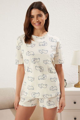 Trendyolmilla Mavi %100 Pamuklu Kedili Sortlu Orme Pijama Tak?m? THMSS25PT00249