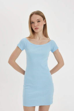 Мини-платье Cool Bodycon без бретелек в рубчик с короткими рукавами - Defacto фото 4
