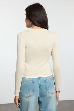 Tas Renk Bloklu Fitted/Vucuda Oturan Viskon/Yumusak Kumasl? Esnek Orme Bluz TWOAW25BZ00114