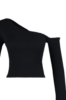 Siyah Fitted/Vucuda Oturan Asimetrik Yaka Omzu Ac?k Fitilli Esnek Orme Bluz TWOAW23BZ00088