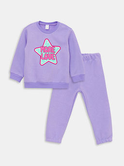 Bisiklet Yaka Bask?l? K?z Bebek Sweatshirt ve E?ofman Alt 2li Tak?m