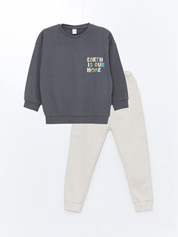 Bisiklet Yaka Bask?l? Erkek Bebek Sweatshirt ve E?ofman Alt 2li Tak?m