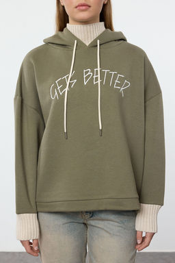 Haki Kal?n Ici Polarl? Triko Bant Detayl? Kapusonlu Orme Sweatshirt TWOAW22SW1806