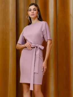 Платье розовое длины мини с поясом и рукавом летучая мышь - 1001dress фото 5