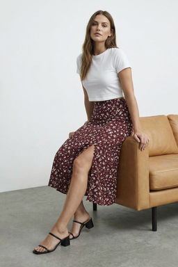 Bordo Y?rtmac Detayl? Cicek Desenli Viskon Kumasl? Midi Dokuma Etek TWOSS20ET0230