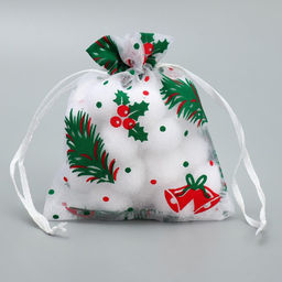 Цена за 5 шт. Мешочек подарочный новогодний органза «Рябина», 10×12 см ± 1.5 см