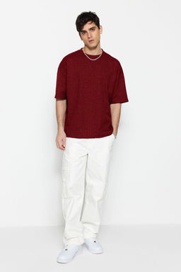 Basic Bordo Oversize/Genis Kesim Dokulu Waffle K?sa Kol T-Shirt TMNSS22TS00049