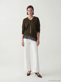 V Yaka Dantel Detayl? Kad?n Triko Kazak