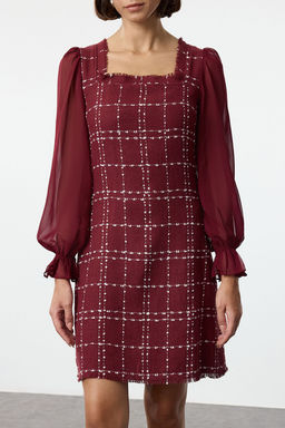 Bordo Ekose / Kareli Mini Dokuma Elbise TWOAW21EL0532