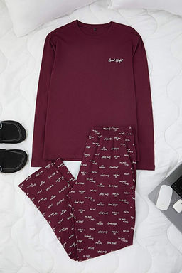 Bordo Regular Slogan Bask_l_ _rme Uzun Kol Pijama Tak_m_ TMNAW26PT00032
