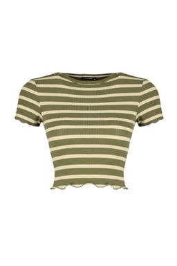 Trendyolmilla Haki Cizgili Baby Overlok Detayl? Fitted/Vucuda Oturan Crop Fitilli Orme Bluz TWOSS23BZ00506  фото 14