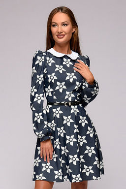 Платье темно-синее длины мини с принтом и белым воротничком