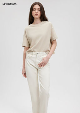 Bisiklet Yaka Bej Basic Crop Tisort