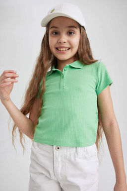 Облегающая футболка-поло в рубчик с короткими рукавами для девочек - Defacto фото 4