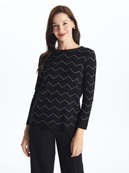 Bisiklet Yaka Desenli Uzun Kollu Kad?n Triko Kazak