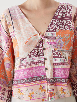 Kruvaze Yaka Desenli Modal Kar???ml? Crop Bluz