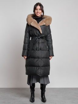 Пальто утепленное с капюшоном и мехом зимнее женское черного цвета 133203Ch - Visdeer фото 14