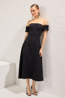 TRENDYOLMILLA Siyah Carmen Yaka Tas Bask? Detayl? Dokuma Midi S?k Elbise TPRSS25EL00243 фото 7