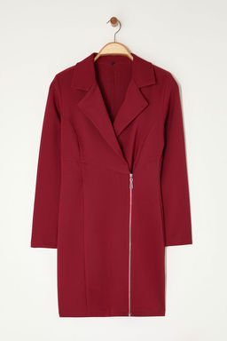 Bordo Ceket Yaka Fermuar Detayl? Dokuma Elbise TWOAW24EL00292