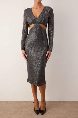 Antrasit Cut Out Detayl? Orme Payet Midi Astarl? S?k/Gece Elbise