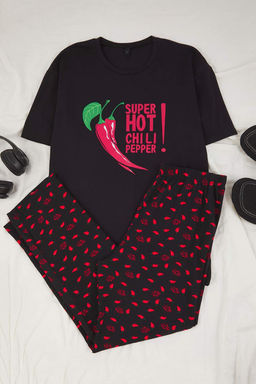 Siyah Regular Kesim Biber Bask?l? Pamuklu Cep Detayl? Orme Pijama Tak?m? TMNAW26PT00019
