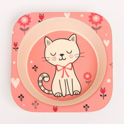 Набор детской бамбуковой посуды Кошечка, тарелка, миска, стакан, приборы, 5 предметов - Крошка я фото 6