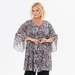 Туника свободная, шифон, принт цветочный, фон ореховый