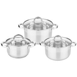 НАБОР КАСТРЮЛЬ AGNESS СО СТЕКЛ.КРЫШКАМИ 6ПР.1,7/2,6/3,5 Л. РАЗМЕР 16X9,5/18X11,5/20X12.5 СМ