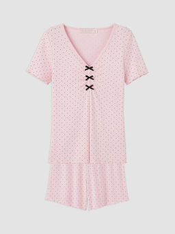 V Yaka Puantiyeli Kad?n ?ortlu Pijama Tak?m?
