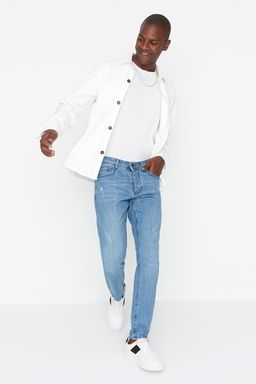 TRENDYOL MAN Ac?k Mavi Esnek Kumas T?rnakl? Destroylu Slim Fit Dar Kesim Jeans Kot Pantolon TMNSS21JE0067 - Trendyolmilla фото 2