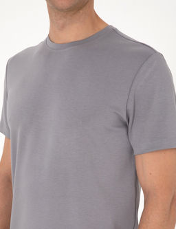 Gri Regular Fit Kal_n Dokulu Bisiklet Yaka Basic Ti__rt