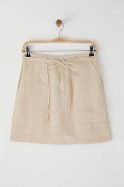 Bej %100 Keten Cep Detayl? Mini Etek TWOSS24ET00154