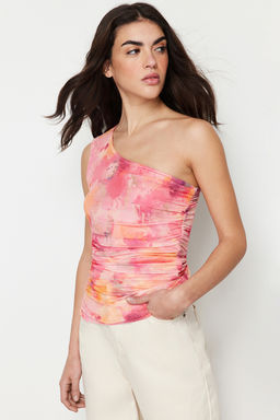 Trendyolmilla Lacivert Soyut Drape Detayl? Tek Omuzlu Fitted/Vucuda Oturan Tul Esnek Orme Bluz TWOSS24BZ00311