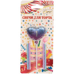 Цена за 2 шт. Свечи для торта Цифра Воздушное сердце "1" (свечи 8 см, сердце 5*13 см)