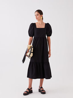 Kare Yaka D?z Balon Kollu Elbise