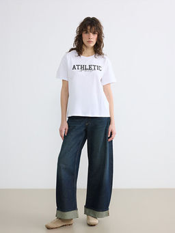 Bisiklet Yaka Bask?l? Kad?n Spor Ti??rt