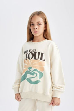 K?z Cocuk Oversize Genis Kal?p Bisiklet Yaka Bask?l? Sweatshirt