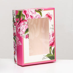Цена за 5 шт. Коробка складная, с окном «Весенние пионы» 21×15×7 см
