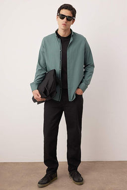Koyu Ye_il D__meli Yaka Apoletli Slim Fit Uzun Kol %100 Pamuklu Keten G_r_n_ml_ G_mlek TMNSS20GO0189