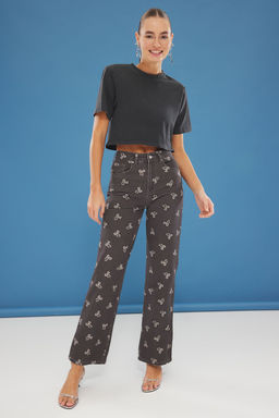 Cok Renkli Fiyonk/Kurdele Bask?l? Yuksek Bel Wide Leg Jeans TWOSS25JE00209