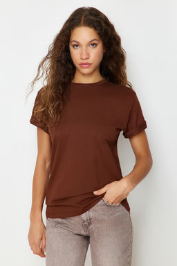 Kahverengi %100 Pamuk Bisiklet Yaka Oversize/Genis Kal?p Orme T-Shirt TWOSS20TS0134