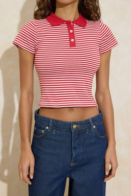 K?rm?z? Cizgili Fitted/Vucuda Oturan Polo Yaka K?sa Kollu %100 Pamuk Orme Bluz TWOSS26BZ00094 - Trendyolmilla фото 3