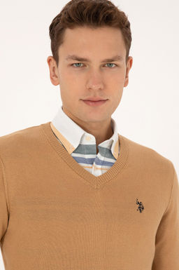 Erkek Slim Fit V Yaka Camel Basic Triko Kazak - U.s. polo assn фото 2