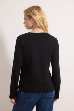 TRENDYOLMILLA Siyah %100 Pamuk Regular/Normal Kal?p Basic V Yaka Uzun Kollu Orme T-Shirt TWOAW21TS0099  фото 20