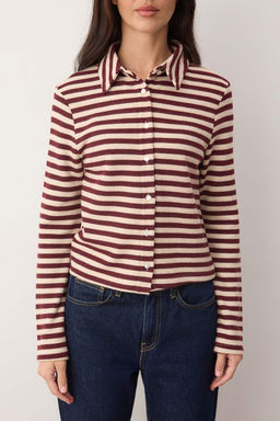 Ekru Cizgili Selanik Dugmeli Fitted/Vucuda Oturan Polo Yaka Orme Bluz TWOAW26BZ00342