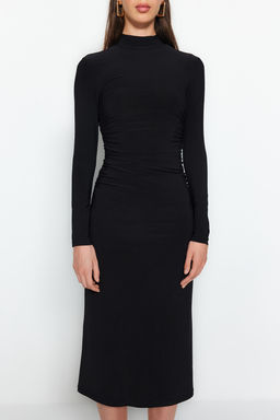 TRENDYOLMILLA Mavi Duz Drape Detayl? Dik Yaka A-Line Esnek Midi Orme Orme Elbise TWOAW24EL00133 фото 5